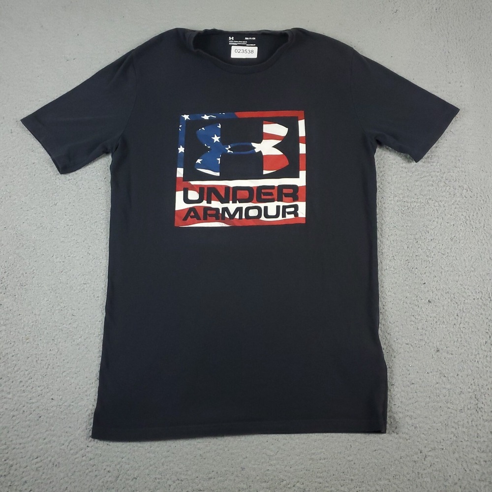 Under Armour T-Shirt Mens Size Small Black USA Flag Heatgear Casual Short Sleeve